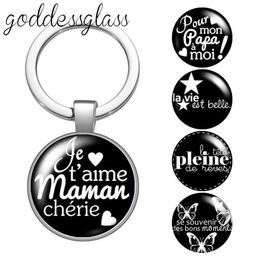 Keychains Lanyards Le fran ais Jaime maman papa family black style glass cabochon keychain bag car keychain ring bracket charm keychain Y240510