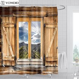 Shower Curtains YOMDID 1/4pcs Wooden Door Pattern Bathroom Curtain Set Printed With Scenery Decora