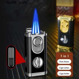 Lighters The new design of the cigar lamp 2024 can be refilled with a three jet flame flashlight equipped with a cigar cutter and cigar holder S24513 S24513