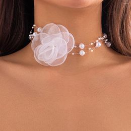 Choker Ingemark Elegant White Big Rose Flower Clavicle Chain Necklace For Women Wed Imitation Pearl Rope Aesthetic Neck Jewellery