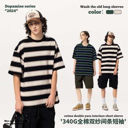 RS Mens Wear | 340G Pure Cotton Short sleeved T-shirt Mens Fashion Brand Instagram Mens Striped Mens T-shirt