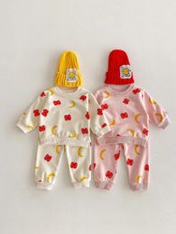 Clothing Sets Korean Kids 2024 Spring Apple Banana Print Baby Girls Tracksuit Cotton Tops Pants 2Pcs Boys Sweatshirt Set