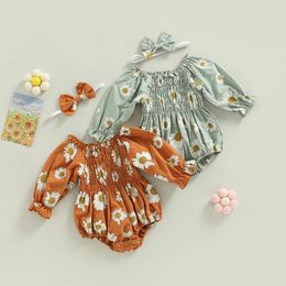 Rompers 0-24months Baby Girls Jumpsuits Daisy Printed Long Sleeves Romper And Headband Set For Toddler Summer Playsuit