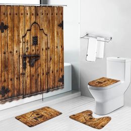 Shower Curtains Retro Rural Farm Wood Door Printing Toilet Cover Mat Set Flannel Non-Slip Rugs Bathroom Cloth Curtain With Hooks
