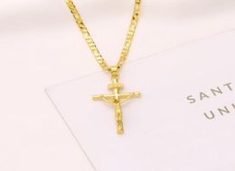 Italian inri Jesus Crucifix Cross Pendant Figaro Link Chain Necklace 9k Yellow Solid Gold GF 60cm 3mm Womens Mens7090675