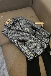 Stylish Western Style Ribbon Edge Classical Black White Geometric Pattern Jacquard Double-breasted Women Blazer 240513