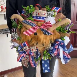 Decorative Flowers Highlands Cow Wreath Fourth Of July Wreaths Patriotic American Handmade Memorial Day Holiday Decorate