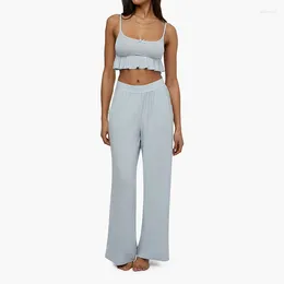 Home Clothing Women's Summer Loungewear Set Solid Color/Plaid Print Bow Trim Square Collar Camisole Wide Leg Long Pants Sleepwear Pajamas