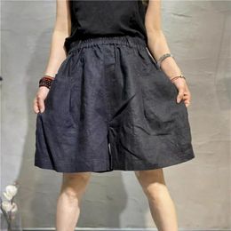Cotton Linen Short Summer Vintage Elastic Waist Wide Leg Pants Casual Loose Oversized Fivepoint Clothing 240510