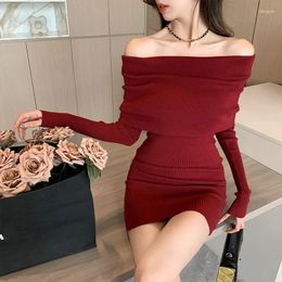 Casual Dresses French Off The Shoulder Red Sweater Mini Dress Women Autumn Winter Sexy Slash Neck Long Sleeve Knit Sheath Short Party