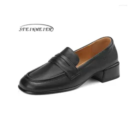 Casual Shoes Women Loafers Genuine Cow Leather Retro Thick Heel Oxford