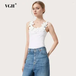 Women's Tanks VGH Solid Patchwork Appliques Casual Tank Tops For Women Round Neck Sleeveless Minimalist Slimming Vests Female Fashion Style