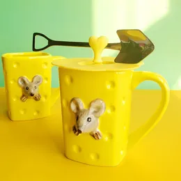 Mugs 3D Cute Cartoon Mouse Milk Mug Creative Ceramic Kitchen Breakfast Coffee Cup With Lid Spoon Kids Office Home Drinkware Gifts