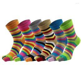 Women Socks 6 Pairs Cotton Five Finger Ankle Rainbow Colourful Striped Printed Breathable Casual Toe Separated Tube Hosiery