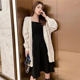 Women's Knits Korean Summer Knitted Cardigan Lazy Loose Cardigans Hollow Soild Color Long-sleeved Air-conditioned Mid Length Sweter