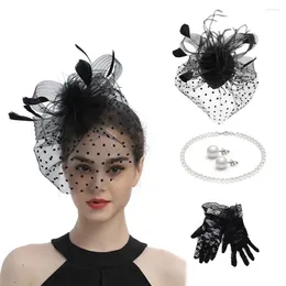 Party Supplies Mesh Flower Fascinator Hat Accessories Set Stylish Cocktail Wedding 1920s Flapper Short Lace Gloves For Women