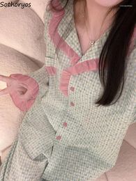 Women's Sleepwear Japanese Style Women Pyjamas Set Autumn Sweet Ruffles Plaid Loose Fashion College Harajuku Cute Long-sleeve Loungewear