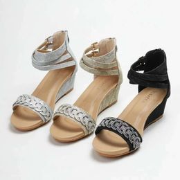 2024 Summer Sandals Women Flash Diamond Roman Shoes Wedge Heel Fashion Dark Pattern Cross Straps Zip Ladies Party Vocation saa