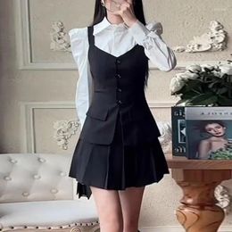 Work Dresses Suit Skirts Set Autumn Korean Fashion Bubble Sleeves Long Sleeve Shirt Camisole Vest Pleated Skirt Three Piece For Women