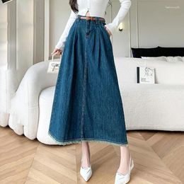 Skirts Women Spring Summer Long Denim Skirt Fashion Stretch High Waist A-Line Loose Casual Basic Mid-Calf Blue