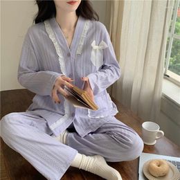 Home Clothing 2024 Spring Long Sleeve Cotton V-neck Pajama Sets For Women Korean Cute Bow Sleepwear Pyjama Homewear Pijama Mujer Clothes