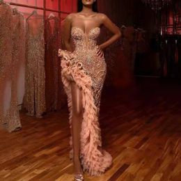 2021 Sequined Mermaid Evening Dresses Off Shoulder Long Train Side Split Prom Celebrity Gowns Feather Sexy Plus Size Formal Party Dress 301C