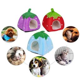 Cat Beds Furniture Cute Strawberry Pet Cave Dog Cat Cartoon House with Mats Folding Puppy House Suitable for Home Dormitory Pet Life 87HA