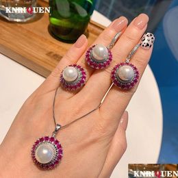 Charm Charms 12Mm White Color Pearl Ruby Gemstone Pendant Necklace Ring Earrings For Women Wedding Jewelry Sets Ladies Gift Statement Dh2Lp