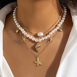Colares pendentes Purui Gold Starfish seu colar de pendente imitando colar de contas de pérolas adequado para o colar de jóias vintage feminino, menina J240513