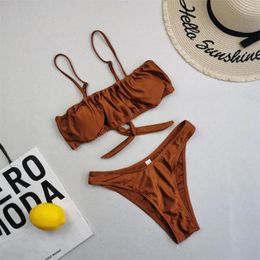 Women's Swimwear Caramel Bikinis Sets Swimsuit Sexy Sling Bowknot Pleated Micro Thong Women Brazilian Beach Bathing Suit Vacation Outfit