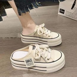 Casual Shoes 2024 Spring And Summer Women's Canvas Baotou Half Slippers Thick Bottom Increase In Height No Heel Lazy Female