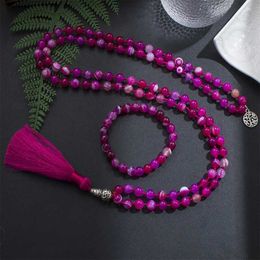 Beaded Necklaces 8mm Rose Red Striped Agate Mara Necklace 108 Japanese Mara Knot Meditation Yoga Spiritual Life Tree Womens Jewelry Set d240514