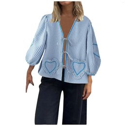 Women's Blouses Loose Lace Up Bow Shirt For Women Elegant V Neck Long Puff Sleeve Lady Blouse 2024 Summer Cute Female Tops Cropped