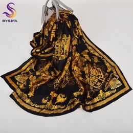 BYSIFA Black Gold Pure Silk Scarf Shawl Fashion Brand Luxury Scarf Headband Spring and Autumn Accessories Scarf Corner 110 * 110cm 240426
