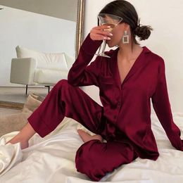 Home Clothing Satin Women's Summer Pajama Suit Spring Long Sleeve Ladies Nightwear Single Breasted Silk Sleepwear 2 Pieces For Female