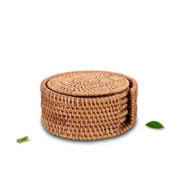 Tea Trays Bamboo Serving Mat Set-6x Round Rattan Insulation Mat-M 8cm W/ Frame
