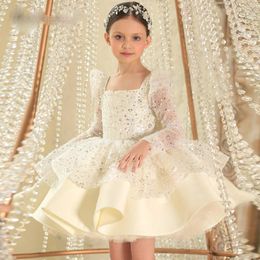 Glitter White Sequined Flower Girl Dresses Long Sleeves Birthday Wedding Guest Robe De Demoiselle Princess Communion 3079