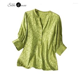 Women's T Shirts 2024 Fashion Spring/Summer Heavyweight 93%Natural Silk Elastic Jacquard Satin V-neck Bubble Split Sleeve T-shirt