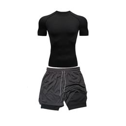 Mens Compression Tight Suit Quick-drying Short-Sleeved Double-Layer Shorts Sports Fitness Suit Casual Summer 240513