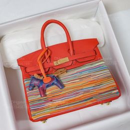 12A top Mirror quality luxury Classic Designer Bag woman handbag all handmade sheepskin 30cm orange Large capacity tote summer Creative line colour clash design bag