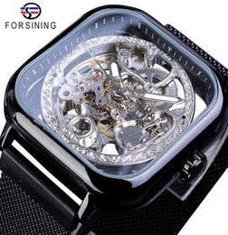 Forsining Black Square Automatic Mechanical Watch Male Business Steampunk Gear Mesh Steel Strap Sports Watches Relogio Masculino253153088