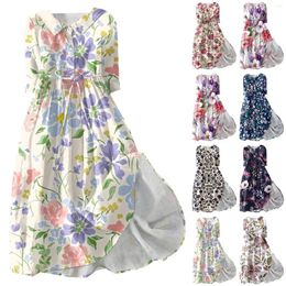 Casual Dresses Women's Fashion Floral Printed Lapel Buttoned Seven-Point Sleeved Dress With Tie-Downs Elegant Vestidos Para Mujer