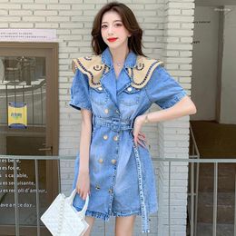 Party Dresses Contrast Color Double Breasted Jeans Dress Sashes Turn Down Collar Short Puff Sleeve Loose Above Knee Mini Denim Female