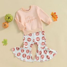 Clothing Sets Long Sleeve Kids Girls Fall Clothes Halloween Costume Letter Print Sweatshirt Top Pumpkin Pattern Flare Pants 2Pcs Infant