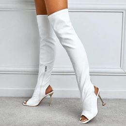 Boots Design White Black Peep Toe Over The Knee Fashion Runway Sexy Zip Womens Cut-Out Thin High Heels Shoes