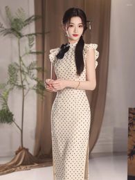 Ethnic Clothing Polka Dot Bow Chiffon Double Layered Cheongsam 2024 Summer Retro Daily Cute Young Qipao Dress