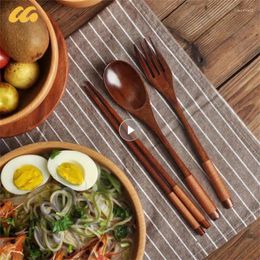 Dinnerware Sets Wooden Tableware Fork Spoon Chopsticks 3-piece Solid Wood Long Handle Portable