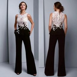 Women Jumpsuits 2020 Prom Dresses Black And White Lace Evening Dresses With Pockets Saudi Arabic Long Formal Dress Sexy Pant Suits 2191
