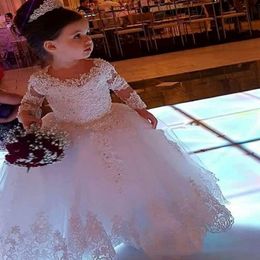 Wedding Long Sleeve Flower Girls' Dresses Crew Neck Lace Applique Communion Dresses Long Floor Tulle Beaded Pageant Party Gowns 208n