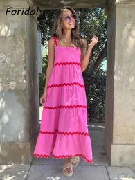 Casual Dresses Wave Appliques Women Summer Dress 2024 Strap Sleeveless Holiday Rose Red Maxi Female Vestidos Vacation Long